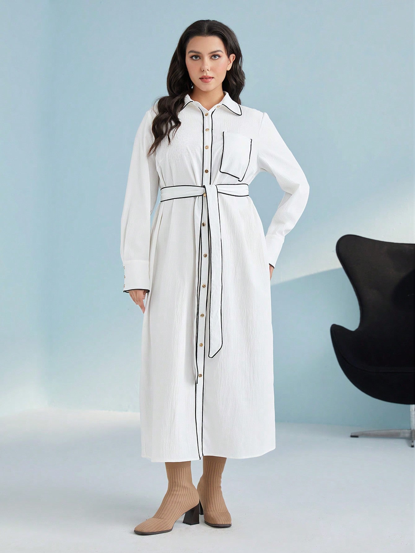 Plus Contrast Binding Belted Shirt Dress