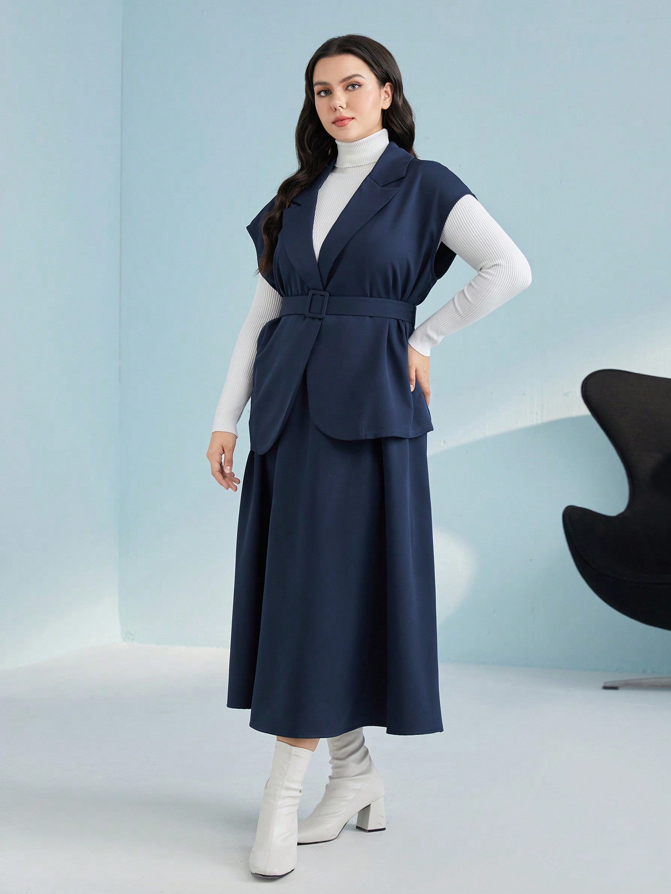 Plus Lapel Neck Belted Coat & Skirt