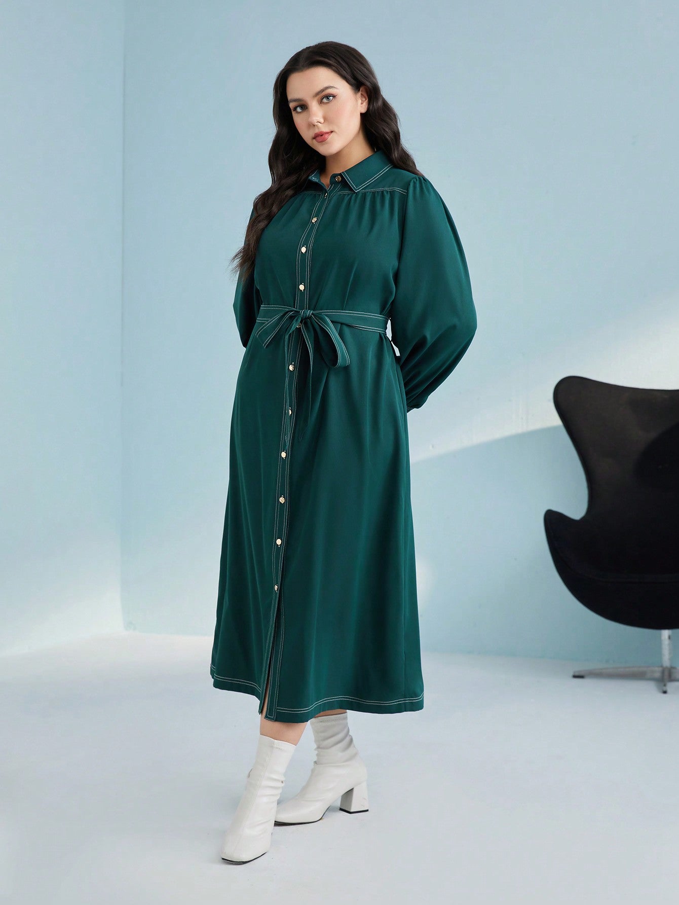 Plus Lantern Sleeve Contrast Stitch Belted Shirt Dress