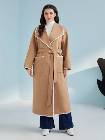 Plus Contrast Binding Waterfall Collar Open Front Overcoat