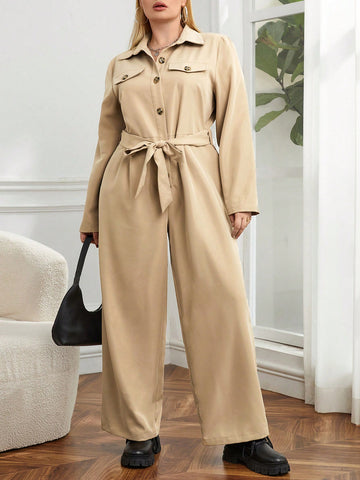 Plus Flap Detail Belted Shirt Jumpsuit