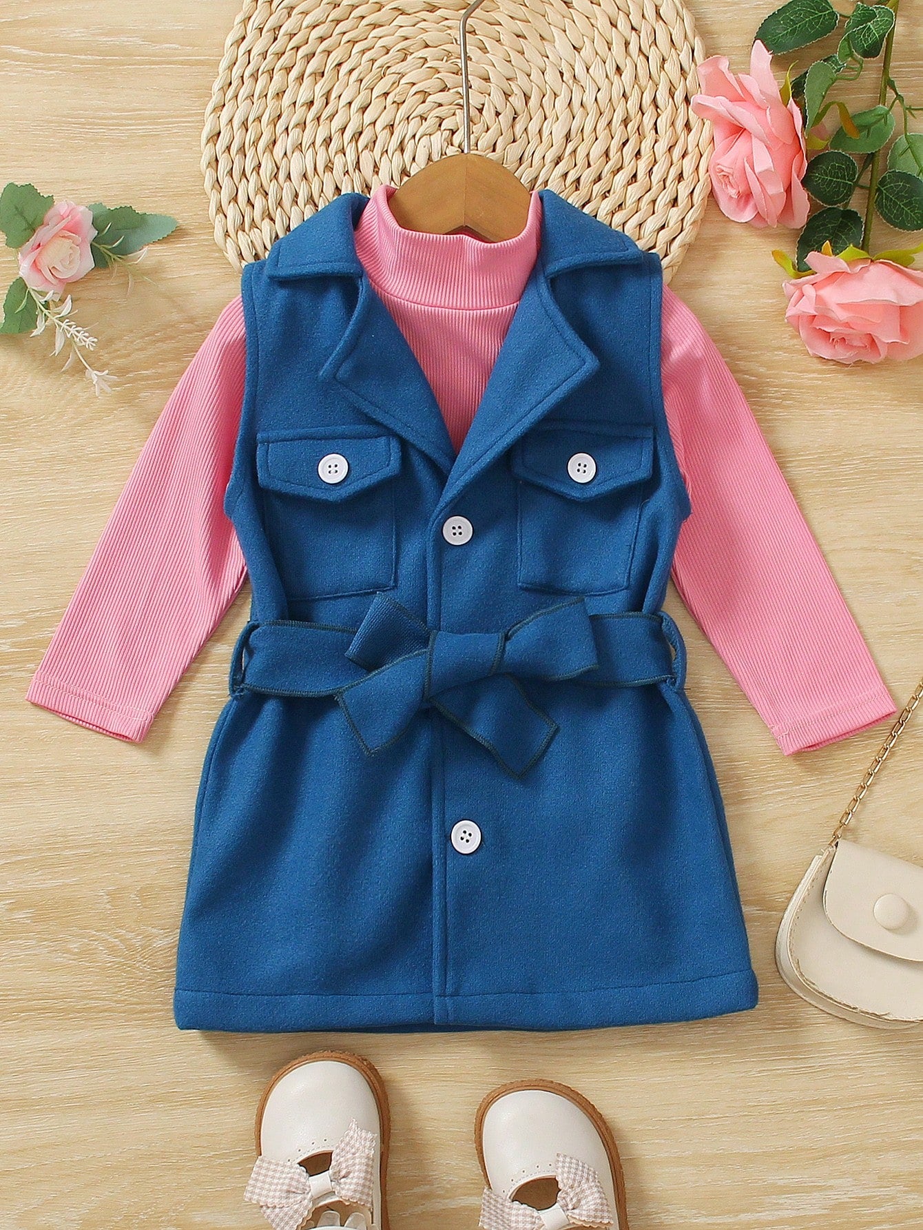 Baby Girl Flap Detail Belted Vest Coat & Tee