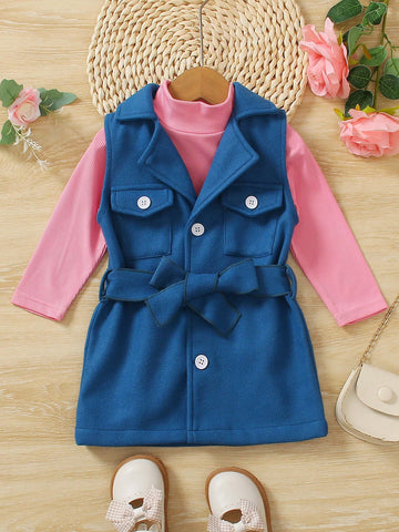 Baby Girl Flap Detail Belted Vest Coat & Tee