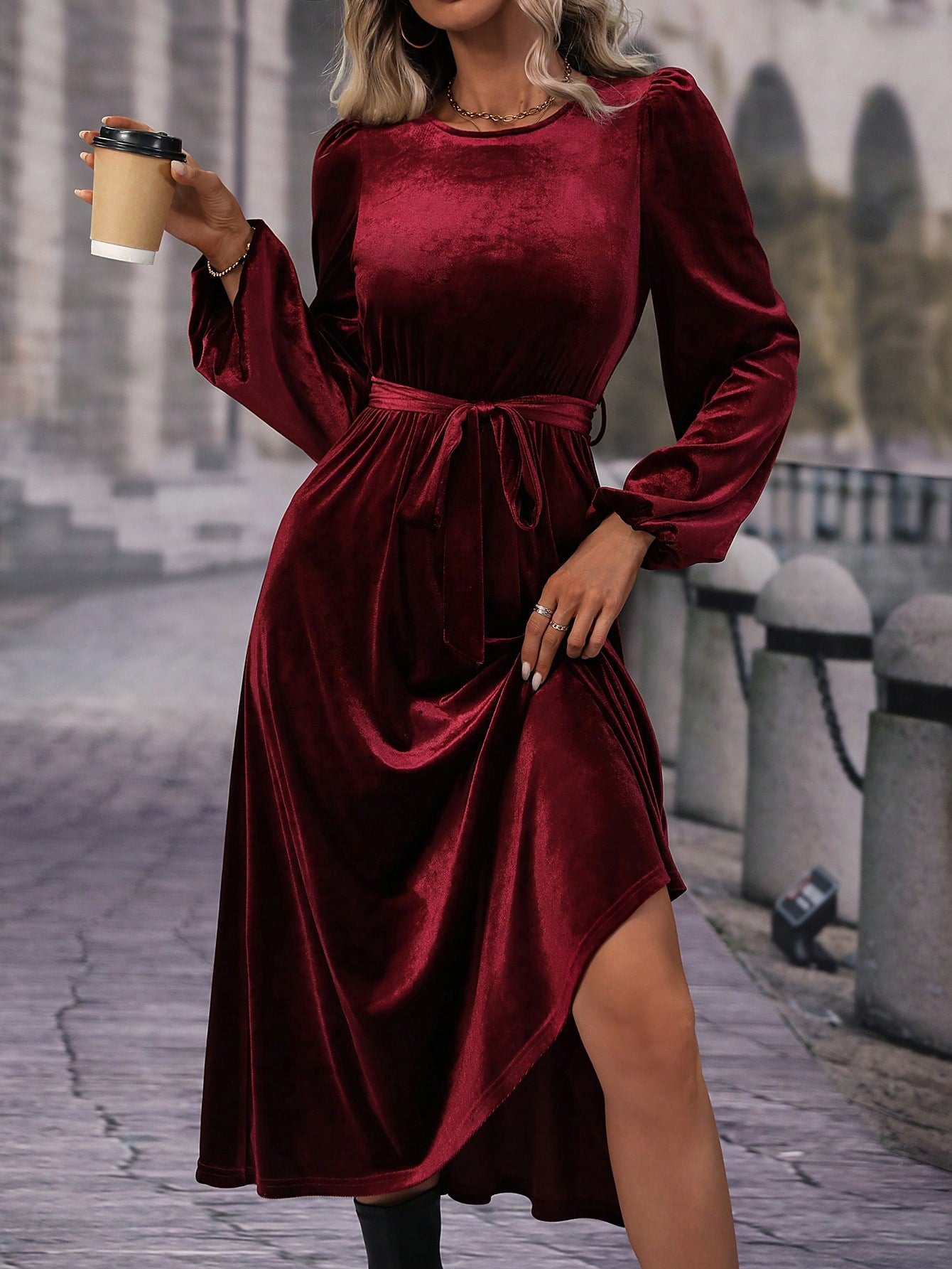 Lantern Sleeve Belted Velvet Dress