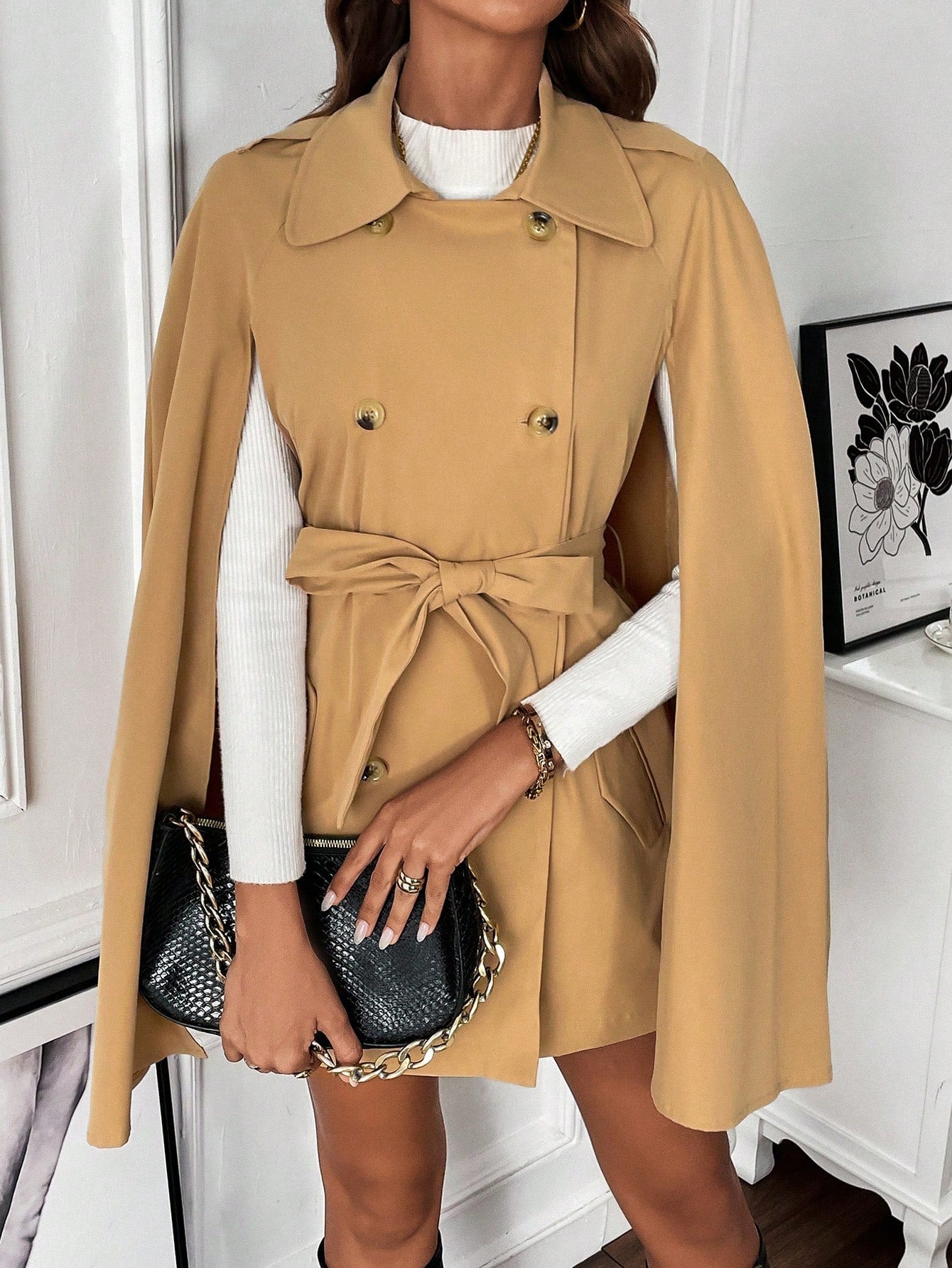 Cloak Sleeve Double Breasted Belted Trench Coat