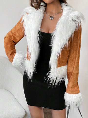 Fuzzy Trim Open Front Jacket