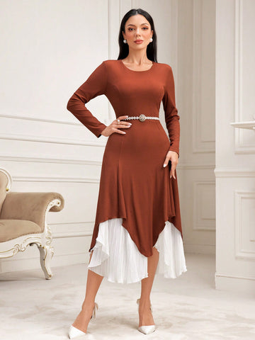 Two Tone Pleated Asymmetrical Hem Dress Without Belt