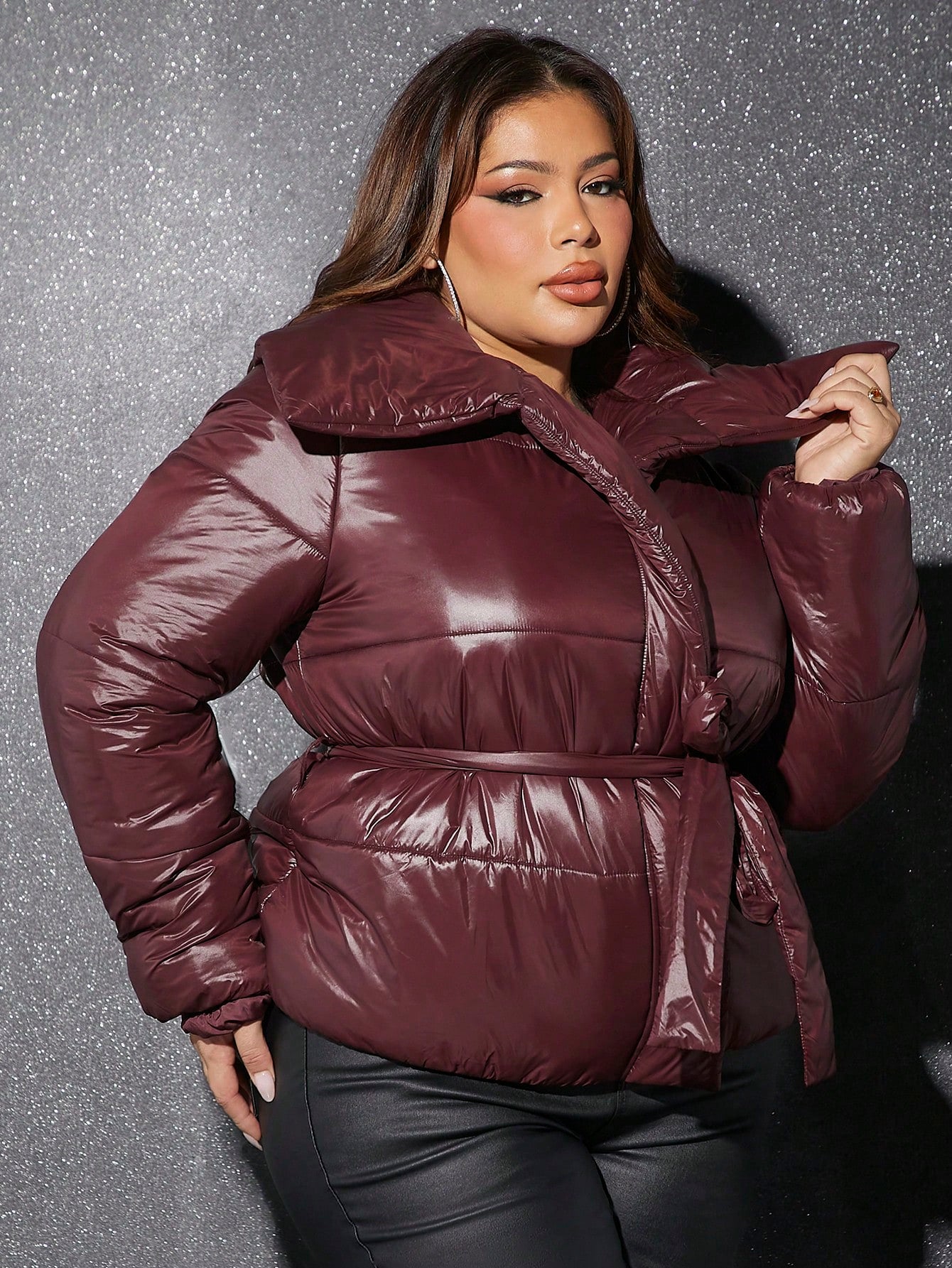 Plus Solid Belted Puffer Coat