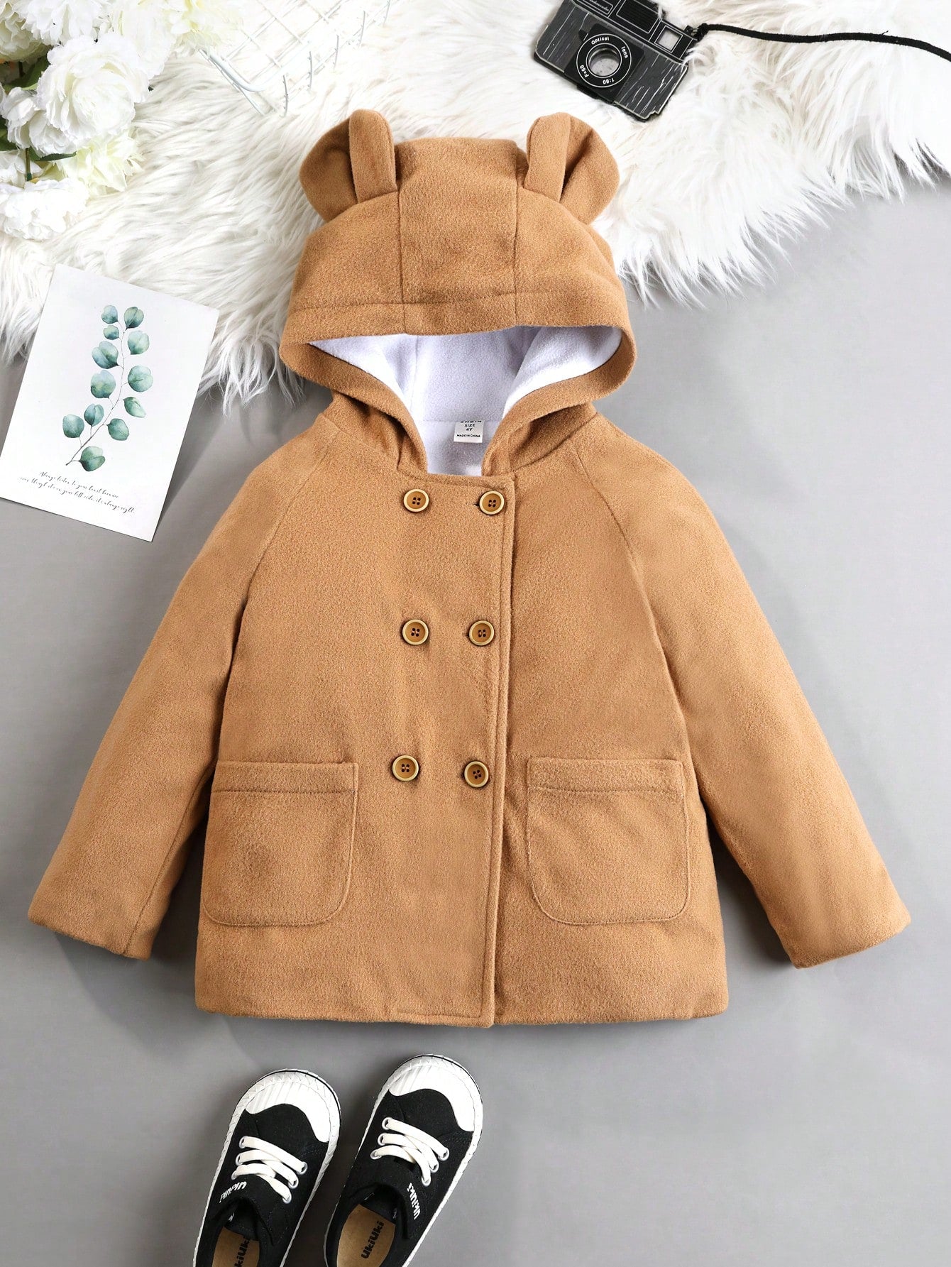 Young Boy Double Breasted 3D Ear Design Hooded Thermal Lined Overcoat