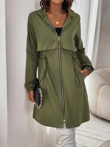 Drawstring Waist Zip Up Hooded Trench Coat