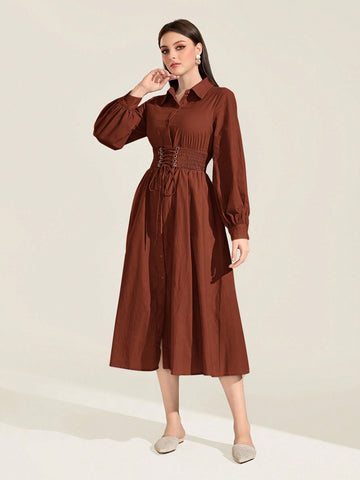 Solid Lace Up Waist Shirt Dress