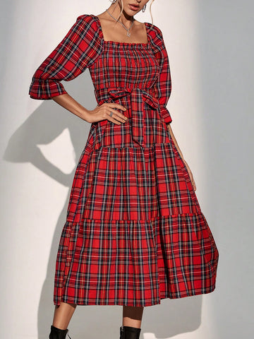 Tartan Print Square Neck Flounce Sleeve Ruffle Hem Belted Dress