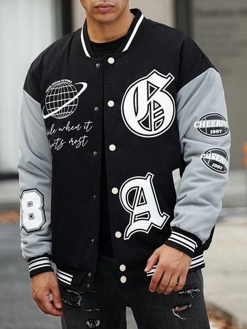 Men's Text Print Color-Blocked Oversized Baseball Padded Jacket