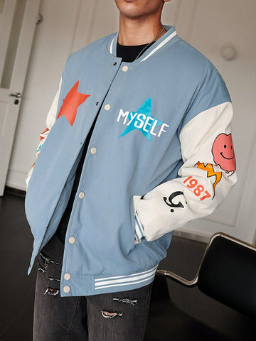 Men's Oversized Padded Jacket With Geometric And Letter Print, Baseball Collar, Drop Shoulder Sleeves