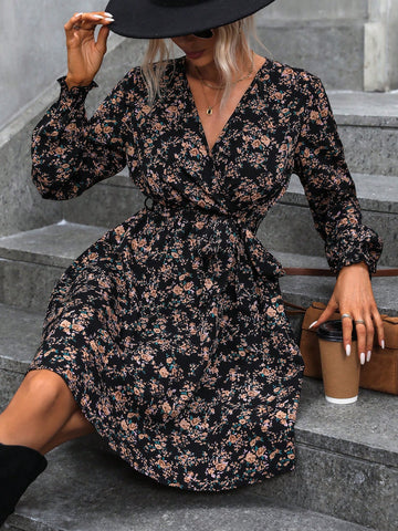 Ditsy Floral Print Lantern Sleeve Knot Front Dress