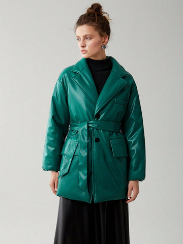 Flap Pocket Belted PU Leather Winter Coat