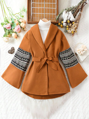 Tween Girl Contrast Geo Print Flounce Sleeve Belted Overcoat