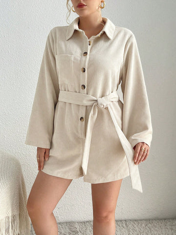 Plus Patched Pocket Belted Shirt Romper