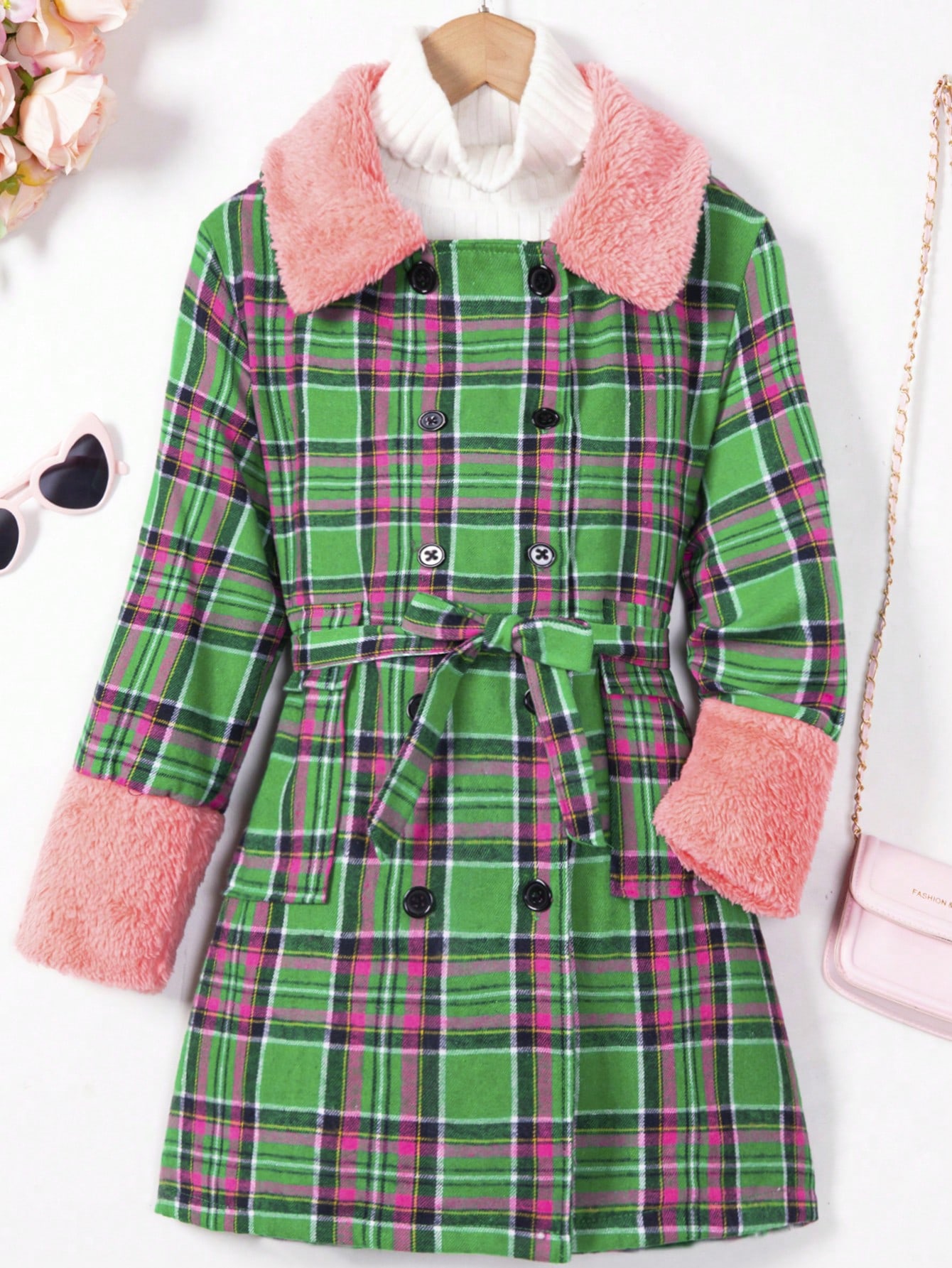 Tween Girl 1pc Plaid Print Borg Collar Double Breasted Belted Overcoat