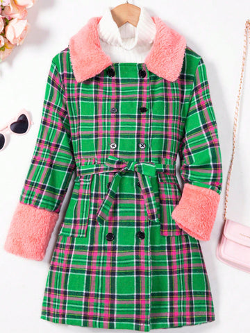 Tween Girl 1pc Plaid Print Borg Collar Double Breasted Belted Overcoat