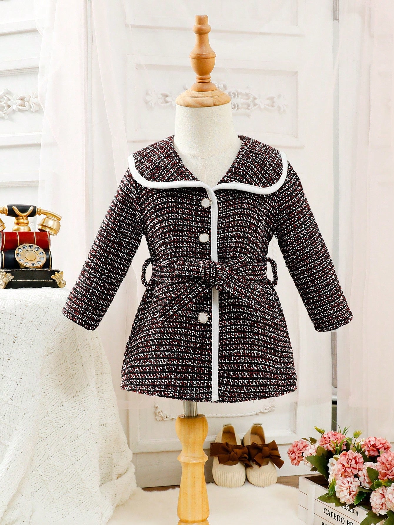 Baby Girl Contrast Binding Belted Overcoat