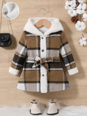 Baby Girl Plaid Print Teddy Lined Hooded Belted Coat