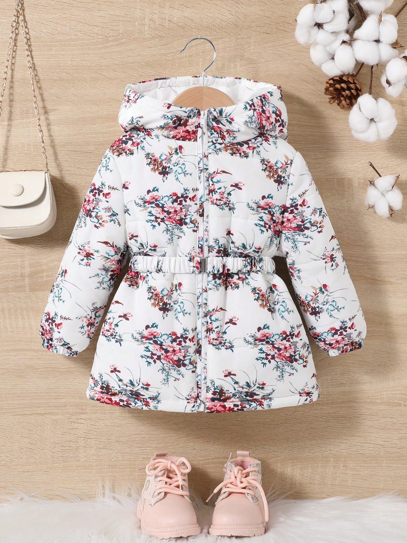 Baby Girl Floral Print Hooded Winter Coat