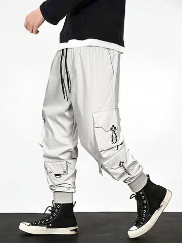 Men's Casual Cargo Pants With Flap Pockets And Drawstring Waist