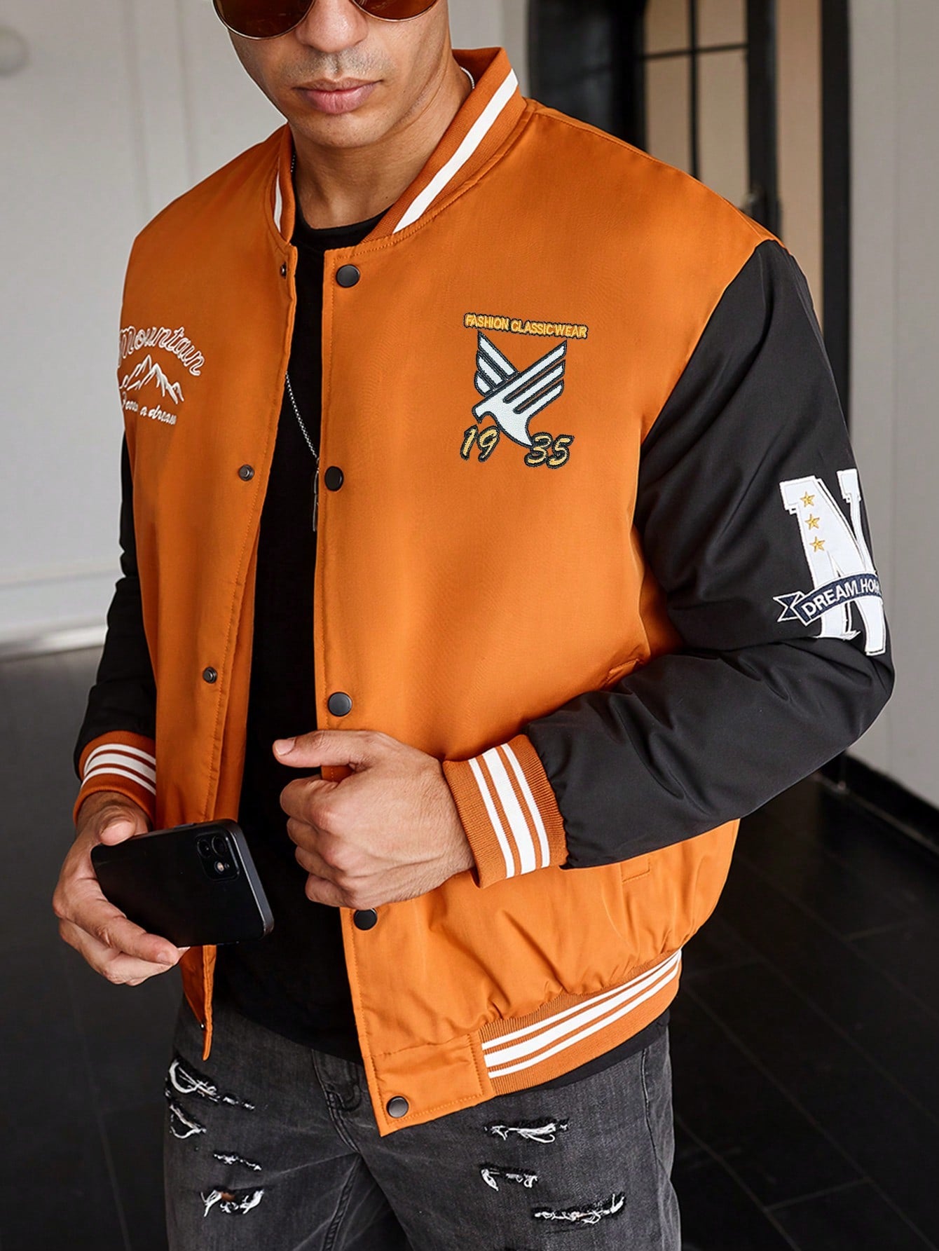 Oversized Men's Striped Trim Colorblock Bomber Jacket