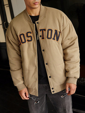 Men's Oversized Winter Coat With Letter Graphic And Thermal Lining