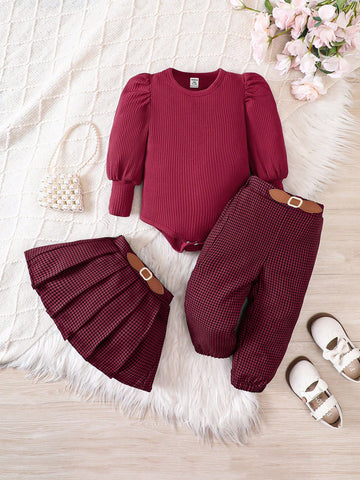 Baby Girl Puff Sleeve Bodysuit & Pleated Skirt & Pants