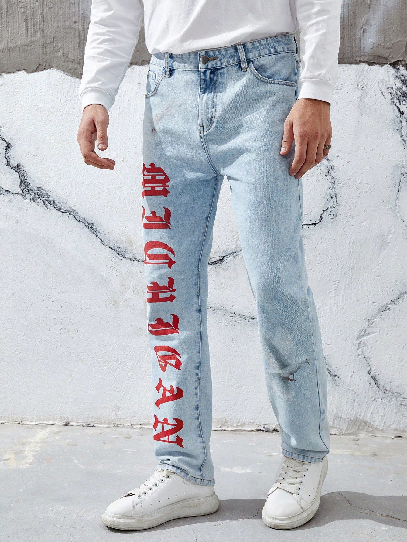 Men Letter & Pigeon Graphic Straight Leg Jeans