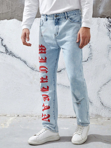 Men Letter & Pigeon Graphic Straight Leg Jeans