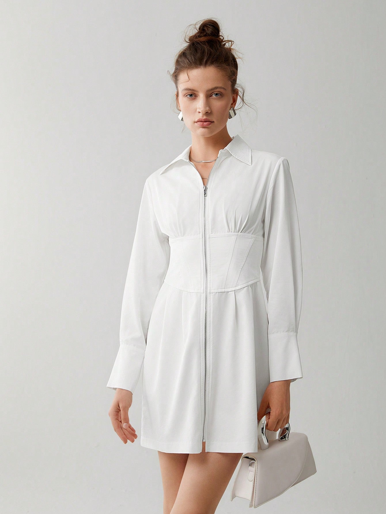 Solid Zip Up Shirt Dress