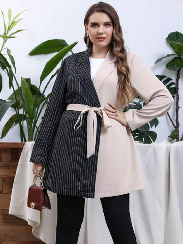 Plus Striped Print Lapel Collar Belted Blazer