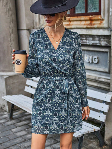 Allover Print Belted Wrap Dress