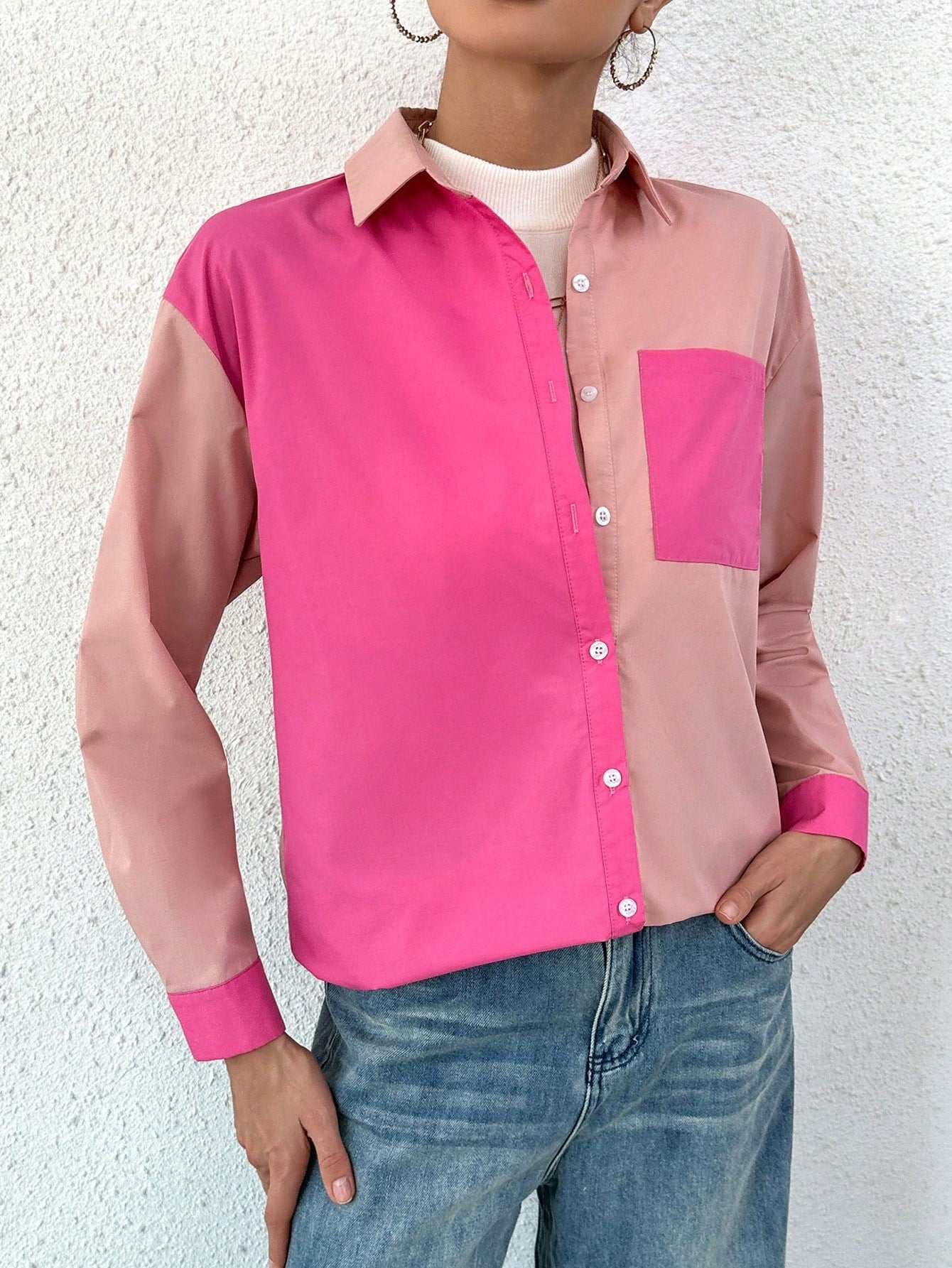 1pc Two Tone Patched Pocket Drop Shoulder Shirt