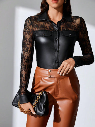 Contrast Lace Flap Detail Shirt