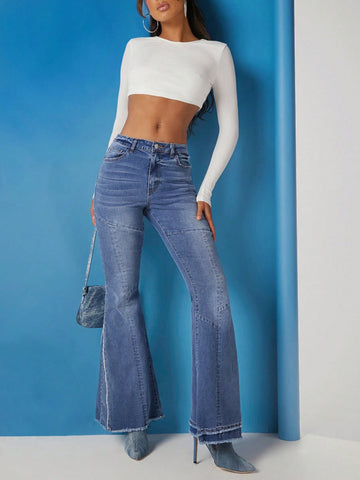 Seam Detail Frayed Flare Leg Jeans