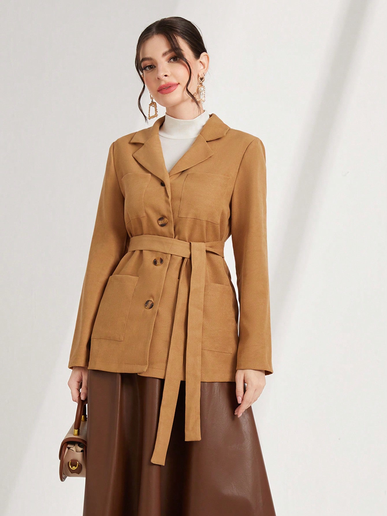 Lapel Neck Button Front Belted Coat