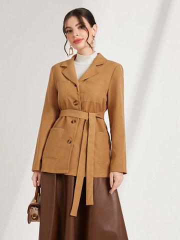 Lapel Neck Button Front Belted Coat