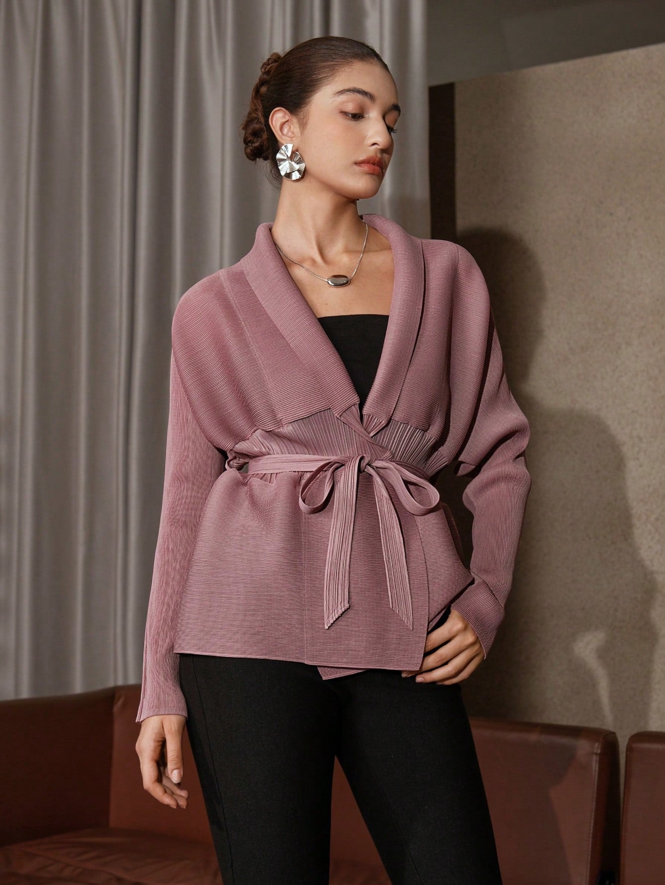 Shawl Collar Batwing Sleeve Belted Coat