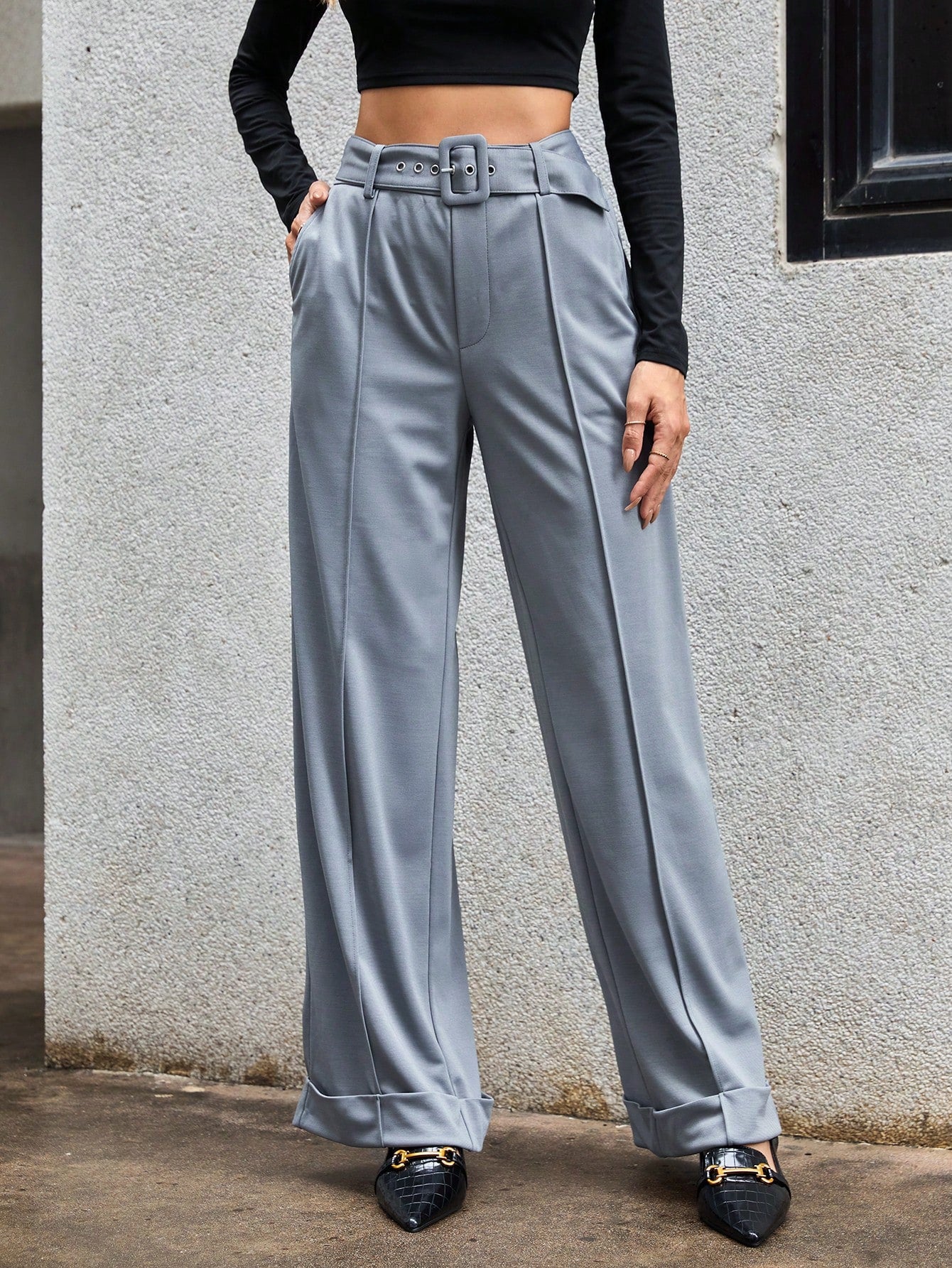 High Waist Buckle Belted Wide Leg Suit Pants