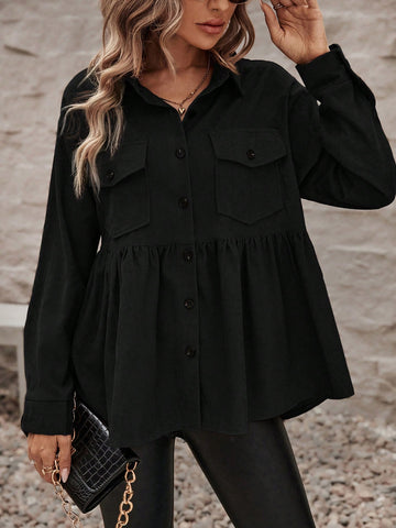 Flap Pocket Ruffle Hem Button Front Shirt