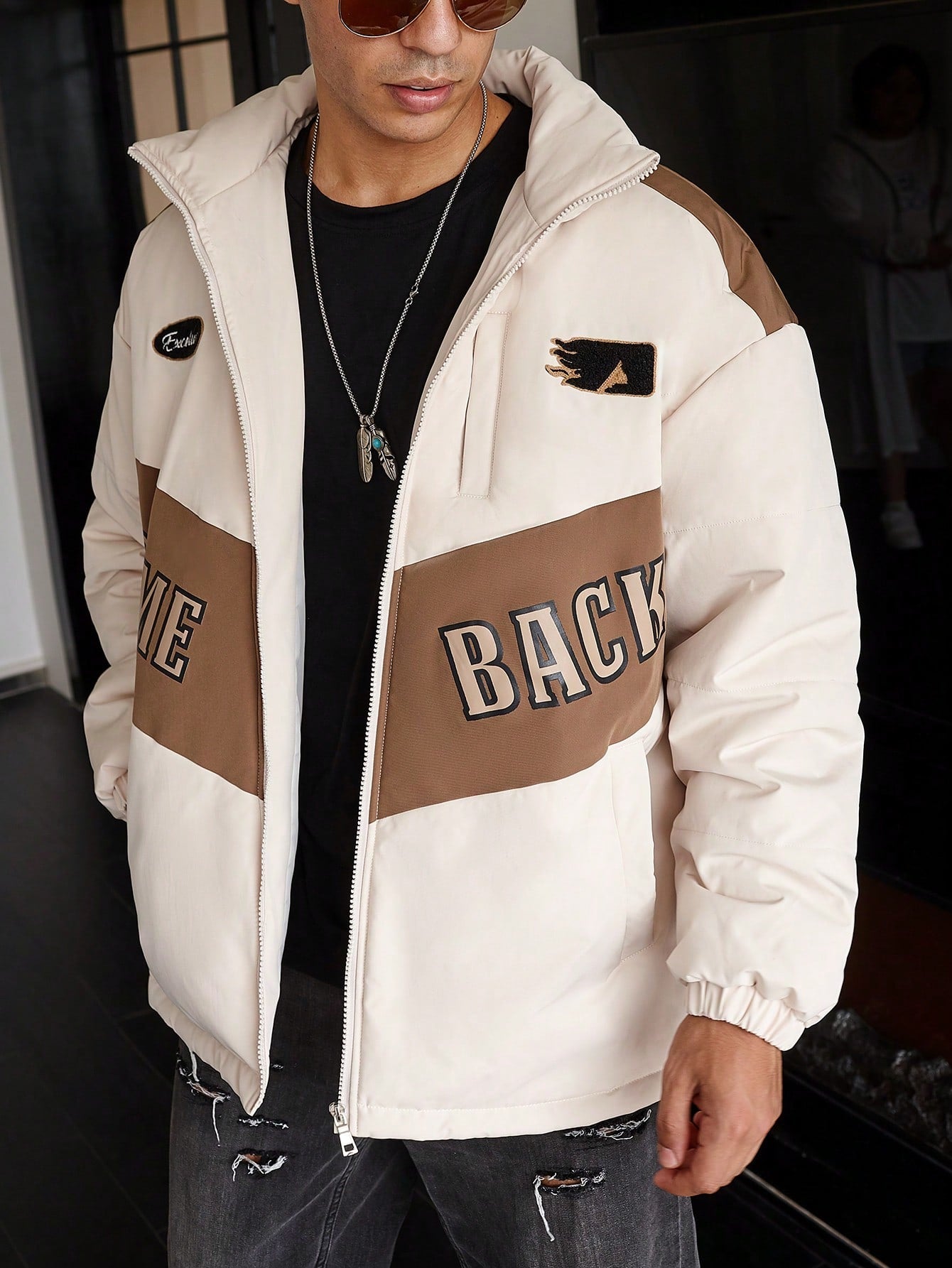 Men's Oversized Color Block Winter Coat With Letter Graphic, Drop Shoulder And Zipper