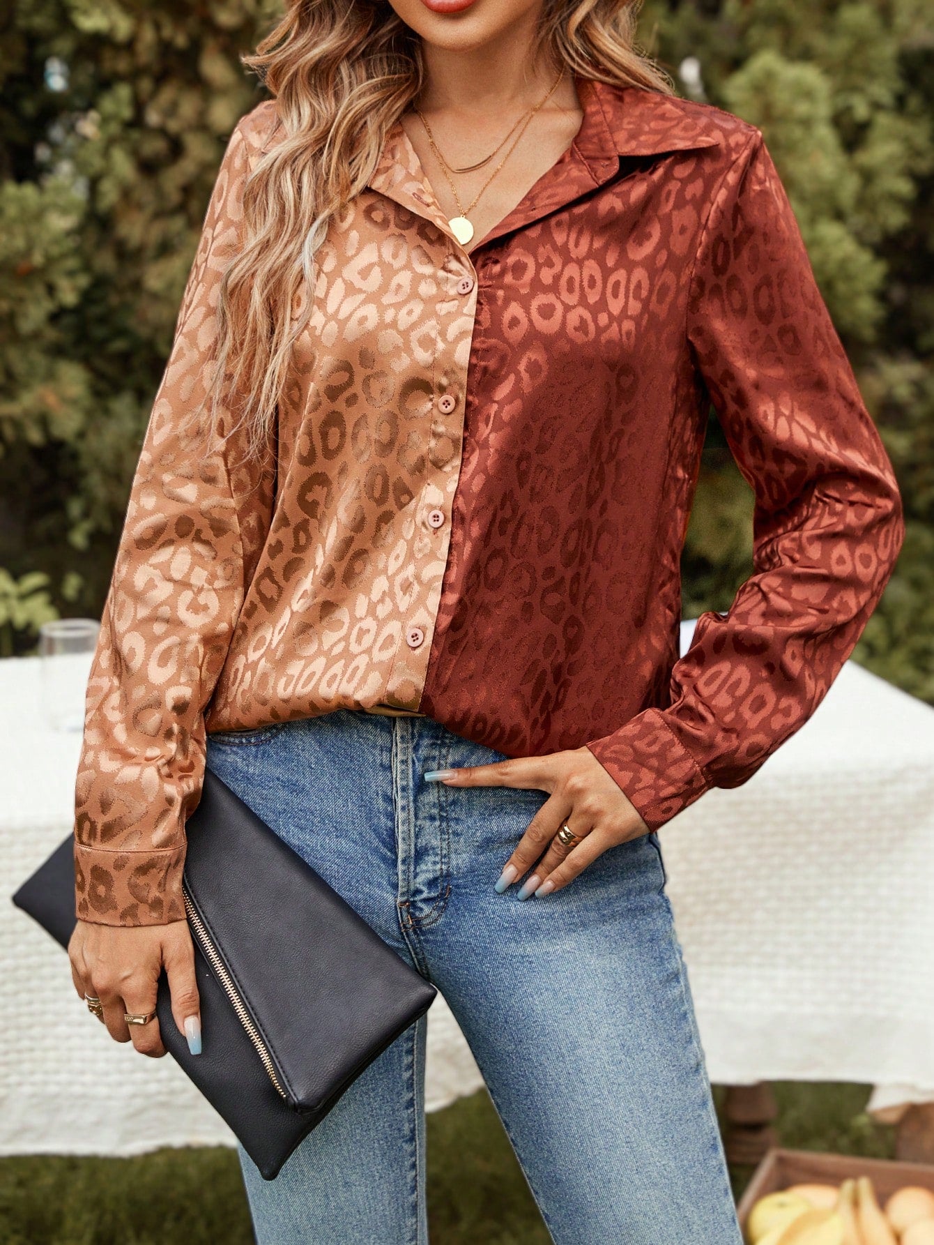 Leopard Jacquard Two Tone Satin Shirt