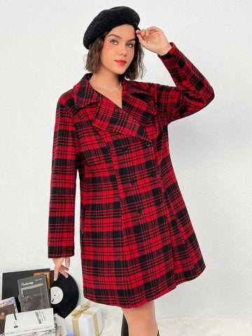 Plus Plaid Print Double Breasted Overcoat