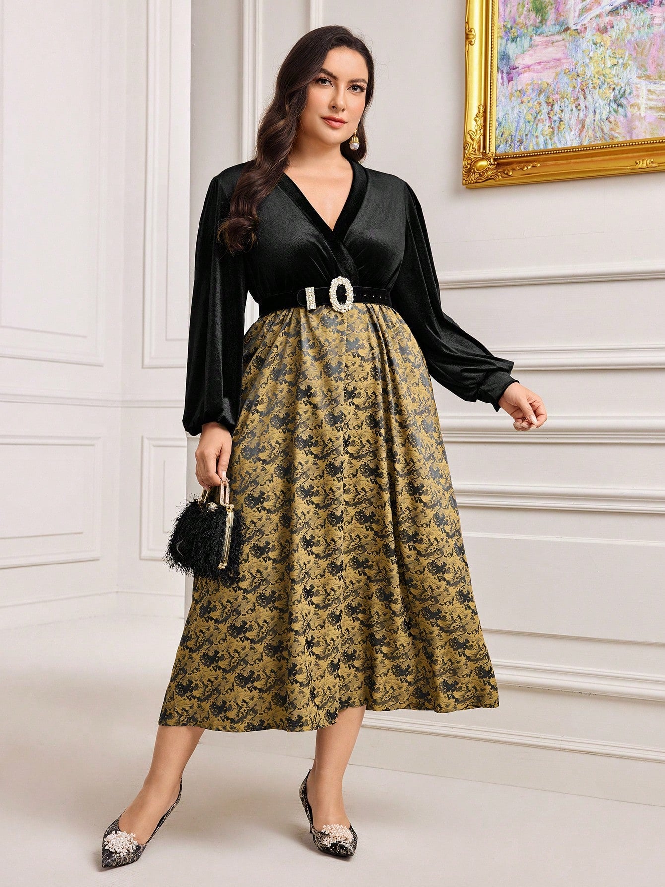 Plus Floral Print Surplice Neck Lantern Sleeve Dress Without Belt