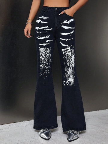 Graphic Print Flare Leg Jeans