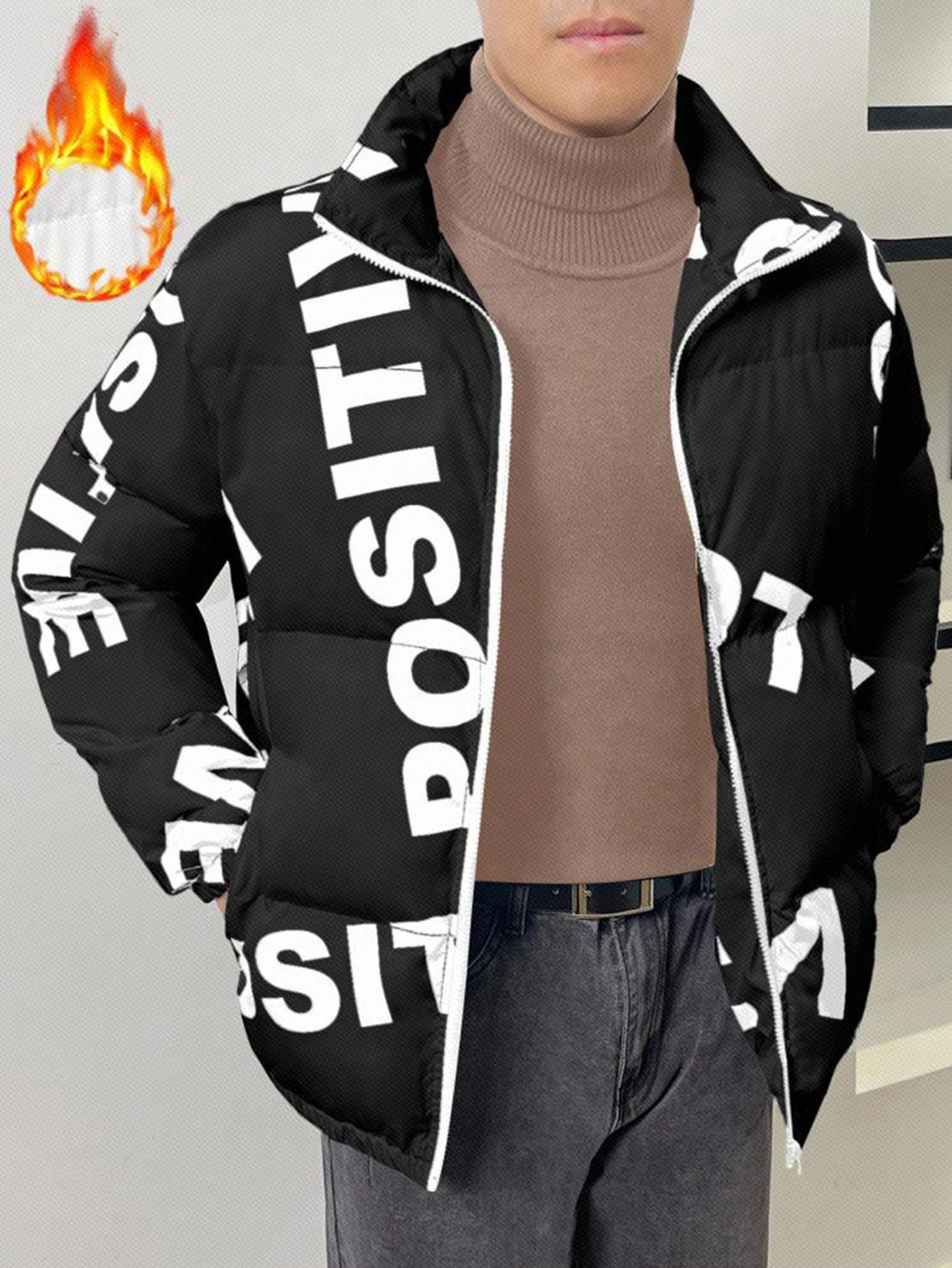 Men's Oversize Letter Print Zip Up Winter Coat